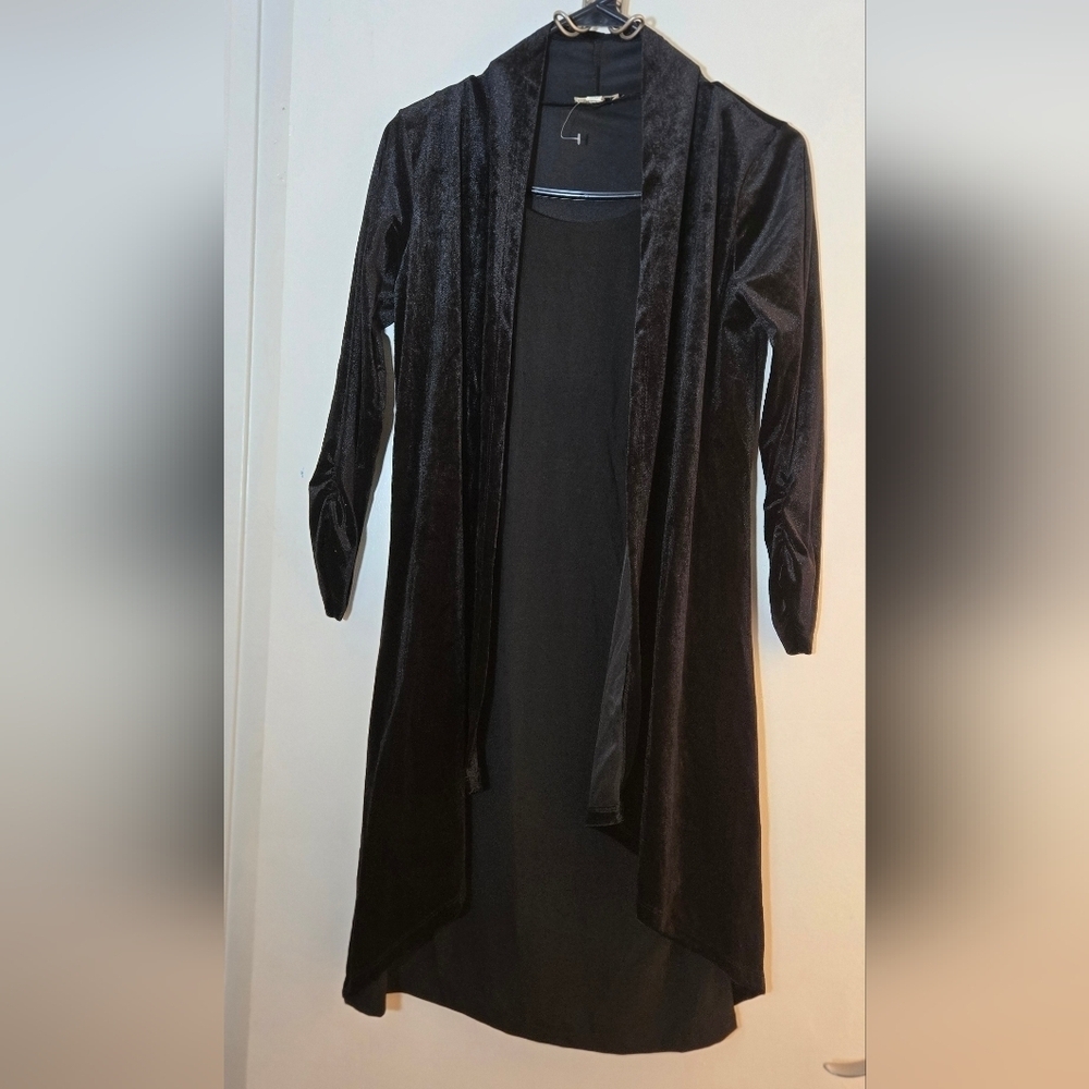 Chic‎ Black Velvet Dress With Built in Cardigan